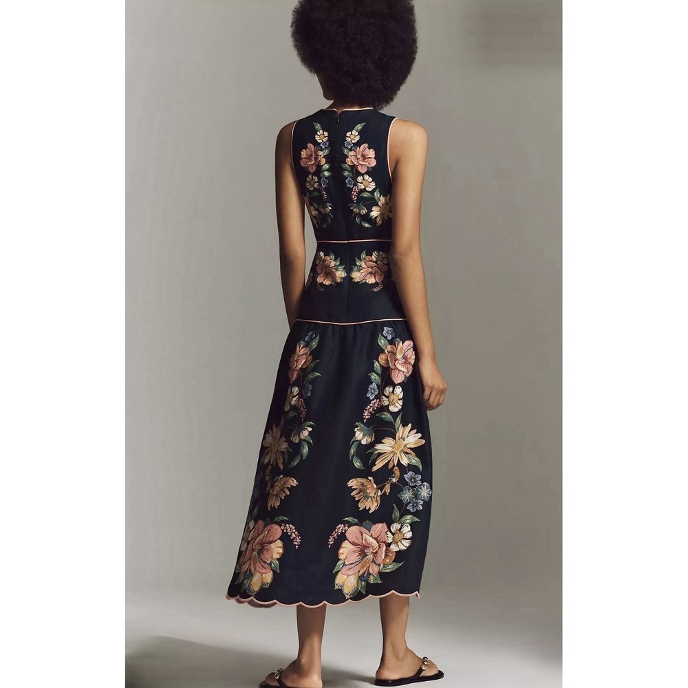 FARM RIO Maira Floral Linen Plunge Maxi Dress Women's Size M Navy Blue - Picture 4 of 16